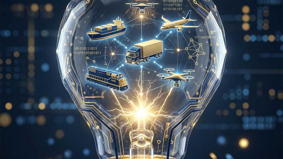 Futuristic illustration showing lightbulb with elements of modern supply chain inside.