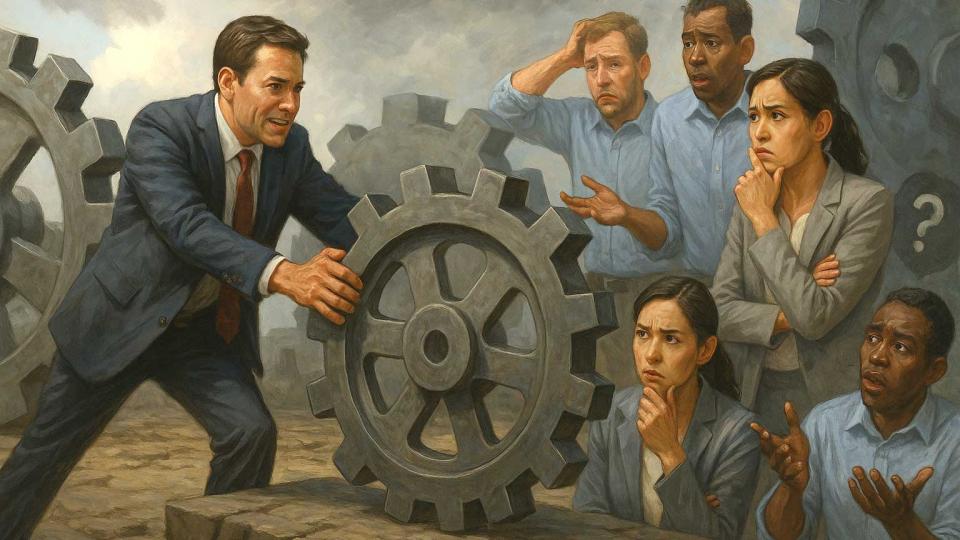 Illustration showing executive in suit rolling gear with effort in front of members of business team who appear confused.